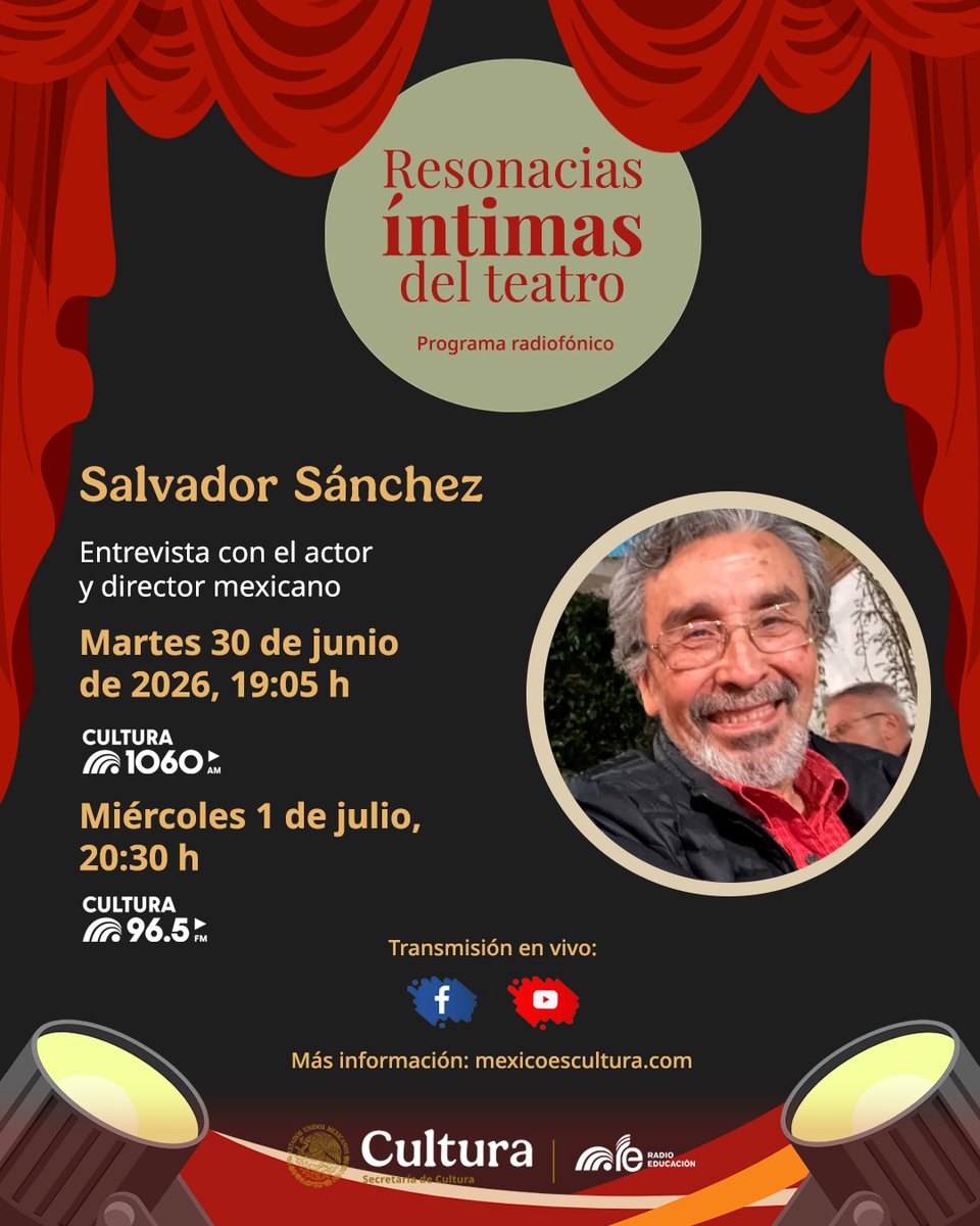 RadioEducacion's tweet photo. 🚀 Inicia el mes con puros cuentos 📚✨
🎧Escucha en #Resonancias íntimas del teatro la entrevista con con el gran actor y director mexicano Salvador Sánchez
🗓️ 1 de julio
🕣 20:30 h
📻 #Cultura965FM https://t.co/8GkS4sSvV4