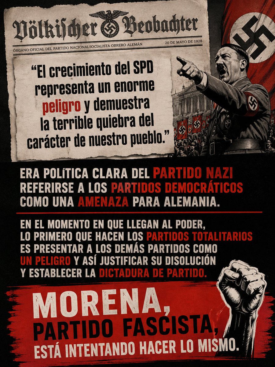 OctavioX262's tweet photo. @politicazmx Utilizar recursos públicos para denigrar y atacar a otros partidos democráticos es una táctica común a todos los gobiernos fascistas. 

Morena es una organización fascista que busca establecer una dictadura de partido en México. https://t.co/AKwctaD73v