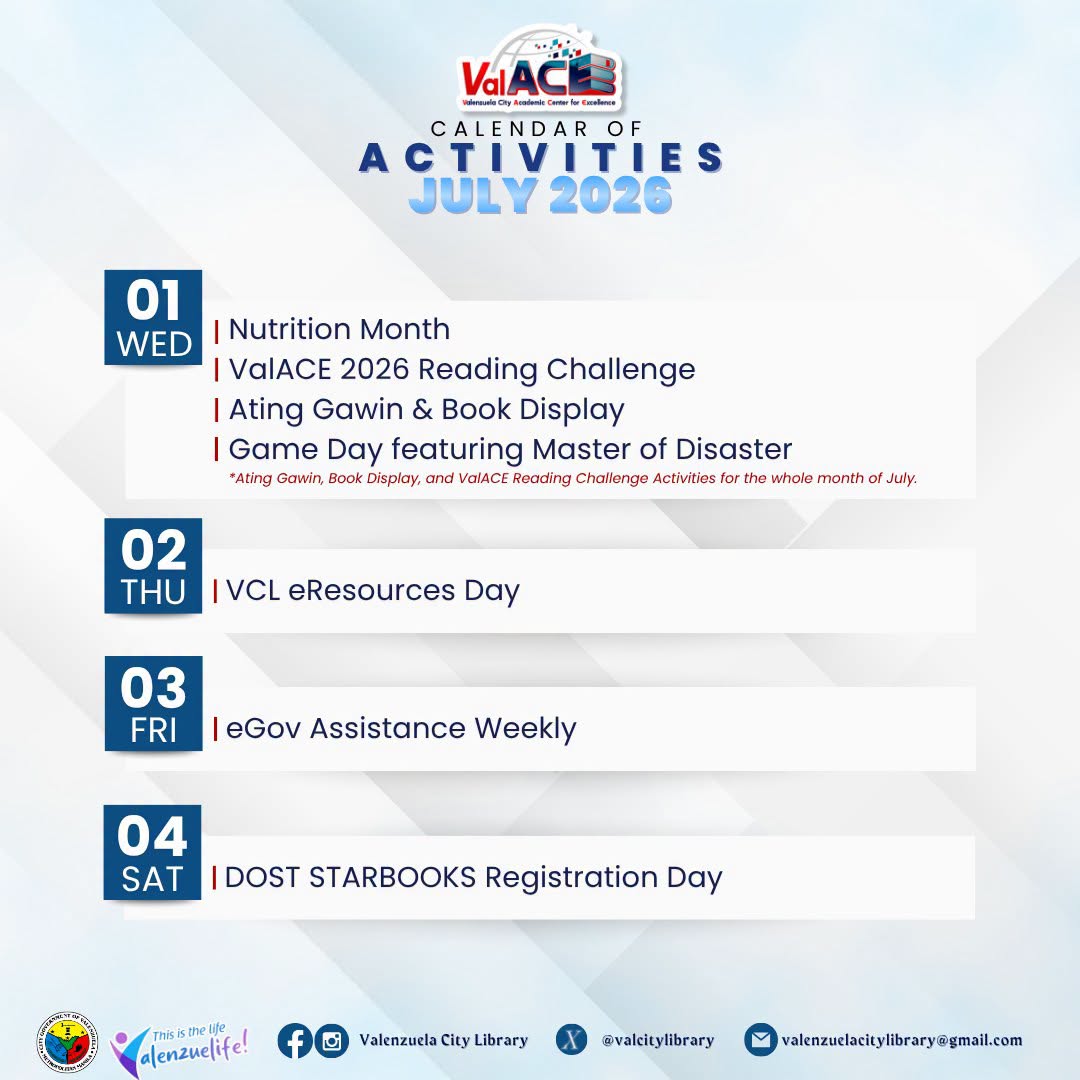 valenzuelacity's tweet photo. Here are the activities to look forward to this July at the Valenzuela City Library.

See you, #PamilyangValenzuelanos!

#Valenzuela #ValenzuelaNews #ValenzuelaCityLibrary #ValACE https://t.co/EacmSwyOGf