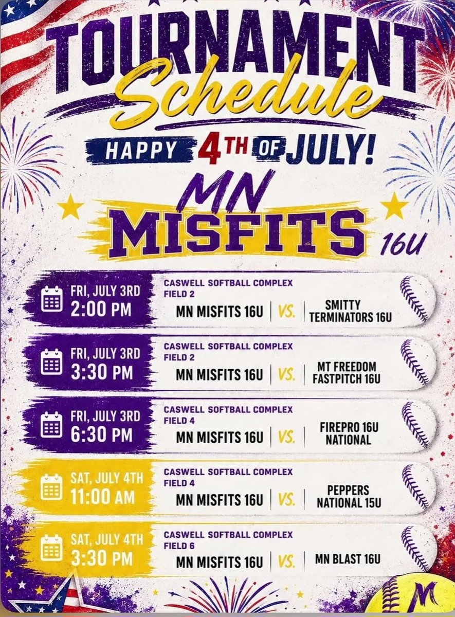 Misfits2027's tweet photo. 🥎 Check out our pool play schedule for this weekends PEPPERS CLASSIC Classic tournament at Caswell Park in North Mankato, MN. 👇🏼🥎 #rollfits https://t.co/Psz64RStcR