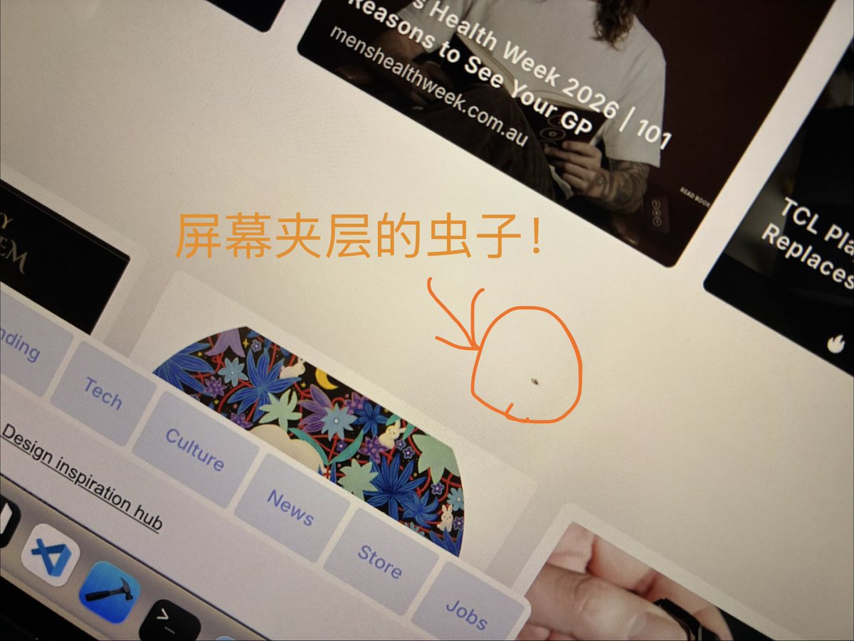 kelc2010's tweet photo. 早上打开MacBook Air用了一会，看见屏幕上有一只小虫在爬，顺手拿起眼镜布擦过去。然后它就这么被按扁在……屏幕内侧！用了10几年MacBook第一次遇到这种情况，是不是只能整个屏幕换掉了？ https://t.co/NvAmzWMCQw