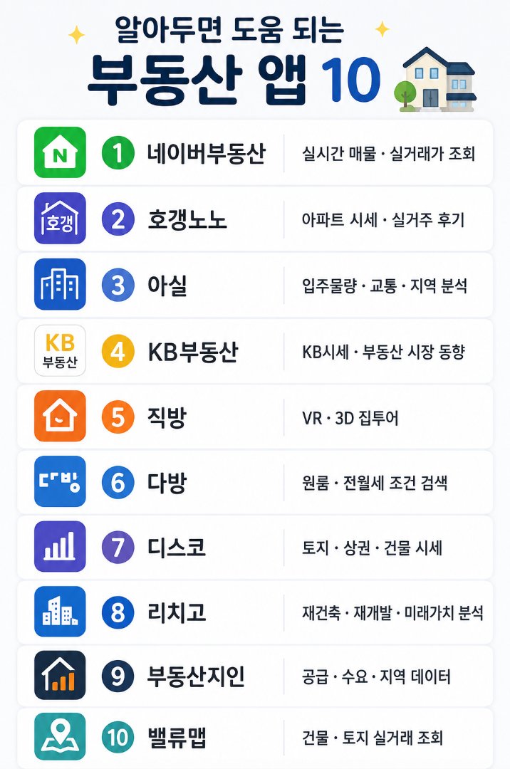 Aurora_5100's tweet photo. 집 볼 때 진짜 유용한 부동산 어플 10개 

- 네이버부동산 → 실시간 매물 · 실거래
- 호갱노노 → 아파트 시세 - 실거주 후기
- 아실 → 입주물량 · 교통 · 분석
- KB부동산 → KB시세 · 시장 흐름
- 직방 → VR·3D 집투어 가능
- 다방 → 원룸·전월세 조건 검색
- 디스코 → 토지·상권·건물 시세
- 리치고 → 재건축·재개발·미래가치
- 부동산지인 → 공급·수요·지역 데이터
- 밸류맵 → 건물·토지 실거래

Tip
원룸/전월세 → 직방·다방
아파트/매매 → 네이버·호갱노노·아실 먼저 마스터!

지금 바로 저장하고, 집 구하는 친구·연인에게 공유하세요!
