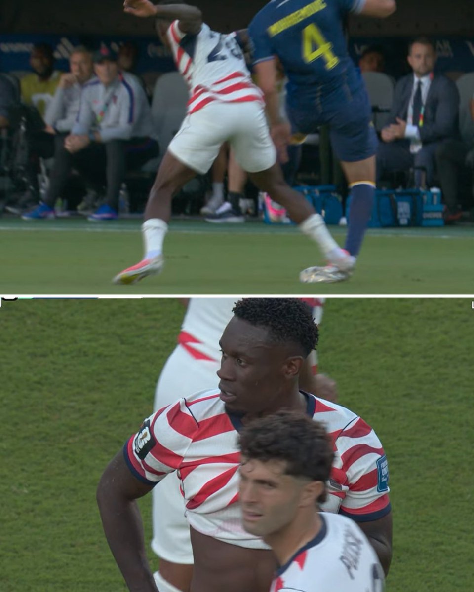 ESPNFC's tweet photo. Flo Balogun received a red card and was sent off for this challenge.

He will miss the USMNT's Round of 16 match if they advance. https://t.co/sFGMXUbhln