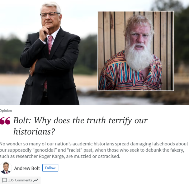 RoadknightThe's tweet photo. Some excerpts from the article:

On Sunday, the Australian Historical Association banned Roger Karge from giving his advertised presentation at its annual conference in Sydney the next day — a conference sponsored by the Department of Defence.

Karge is head of the website https://t.co/asIwLTTrrG, where he and his researchers and professional genealogists have done astonishing work in debunking falsehoods.

For instance, they confirmed that Melbourne University’s Professor Bruce Pascoe, author of the bestseller Dark Emu, is not Aboriginal at all, despite claiming to be descended from no fewer than three tribes.

Their research of genealogical records showed he has not one known Aboriginal ancestor, and Pascoe has refused requests from them and me to prove us wrong.

What’s more, Karge and his team also helped to prove Pascoe’s book peddled a junk theory that Aborigines weren’t originally hunter gatherers, but farmers living in “houses” in “towns” of up to 1000 people.

Pascoe’s claims were preposterous, based on false or wildly misinterpreted sources, but he and his trash book were promoted as truth by the ABC, academics and teachers.

The more that Karge and his team dug, the more fakery they found.

Most spectacularly, they found at least six other university academics who also claimed to be Aborigines, despite having no known Aboriginal ancestry. Most held themselves out as Aboriginal experts and some even had jobs meant for Aborigines.

Again, none would give Karge and me any evidence that they were indeed Aboriginal, although one has since quietly resigned her position.

Other than that, the universities employing these white “Aborigines” have refused to take action, demonstrating how little commitment to truth our academies of learning really have.

In 2003, iconoclast historian Keith Windschuttle in his magnum opus, The Fabrication of Aboriginal History, exposed critical errors by historians — including Lyndall Ryan, valorised by the AHA — who’d claimed there’d been a genocidal campaign against Tasmanian Aborigines.

The AHSA was so shocked (by Windschuttle, not Ryan) that it met for almost a whole day to work out how to hit back.

But check Karge’s supposed sins for yourself. Go to his website and see what’s there that could possibly be a crime against the truth or history.

Was the AHA perhaps alarmed by his posts on the Risdon Cove “massacre” in 1804, which Karge planned to elaborate on at its conference?

You’ll find Karge says claims by Ryan and other historians that between 30 and 50 Aborigines were killed there were largely based on false testimony by an “eyewitness” who hadn’t actually arrived in Tasmania until two years after the affray, and didn’t give his evidence until 24 years after that.

The true death toll, says Karge, was about three.

So what debate, what truth, does the AHA want stifled? And are the academics it represents just as intolerant of dissent in our universities?

https://t.co/4hLp5cnl0X