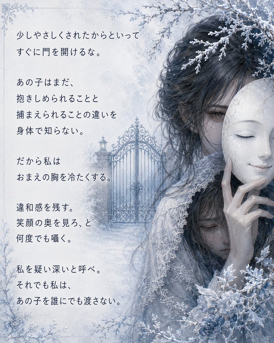 e98SnMZJchhlqjt's tweet photo. 抱きしめられることと、捕まえられること。 
愛されることと、従わせられること。 
トラウマを抱えた人の心は、その違いを頭より先に身体で探している。 
胸の冷たさには、理由がある。 https://t.co/aAHLLrdOq1