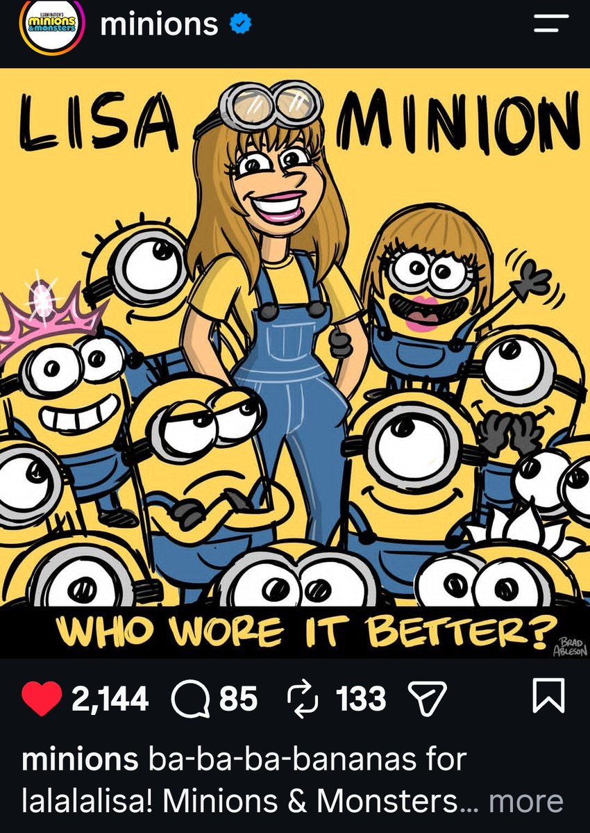 LALISASCRAVE's tweet photo. 🚨🚨The Minions show love to Lisa on Instagram

"ba-ba-bananas for lalisa! Minions and Monsters is now playing in theaters." https://t.co/Me5nWvucme