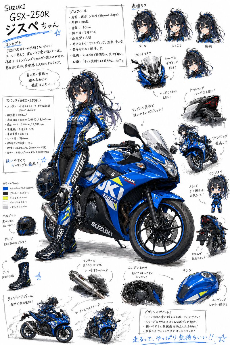r_papa1's tweet photo. ちゃっぴーでバイク擬人化した結果がこれ。構成の指示しだいで変わるんだろうが面白いね。 #大型バイク #中型バイク #小型バイク #GSX8R #GSX250R #DIO110 https://t.co/dR94WIajOW