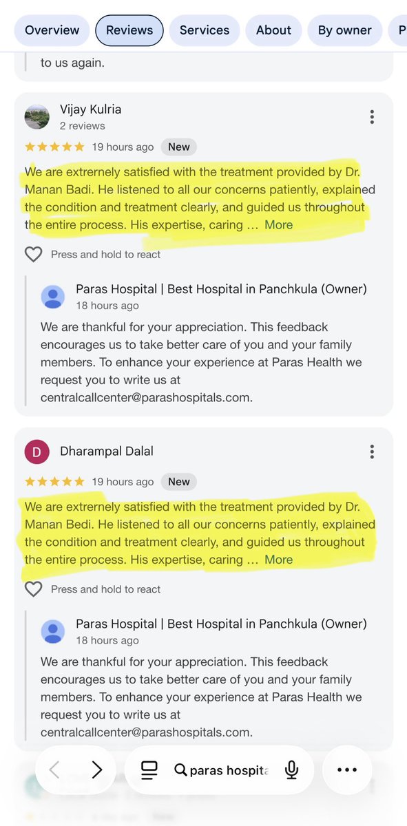 TeenaJ24's tweet photo. These corporate hospitals can’t even hire good fake reviewers, how can they hire competent healthcare staff! Exact copy paste of same review by two different accounts. Paras Health try to do better on it, it’s a very easy job.
@GoogleMyBiz @googlemaps @Google https://t.co/fhs8CjTu3a
