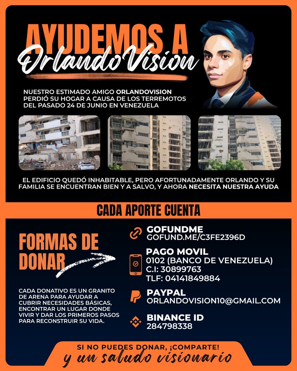 orlavision's tweet photo. Mis estimados me veo en la situación de solicitar apoyo de ustedes tras los eventos del Terremoto donde me quedé sin casa. Mi familia y yo estamos bien gracias a Dios, pero con esto quiero apoyar a mi familia para poder iniciar bien desde cero

https://t.co/XmuUOElNjw https://t.co/lNq1rLPyBi