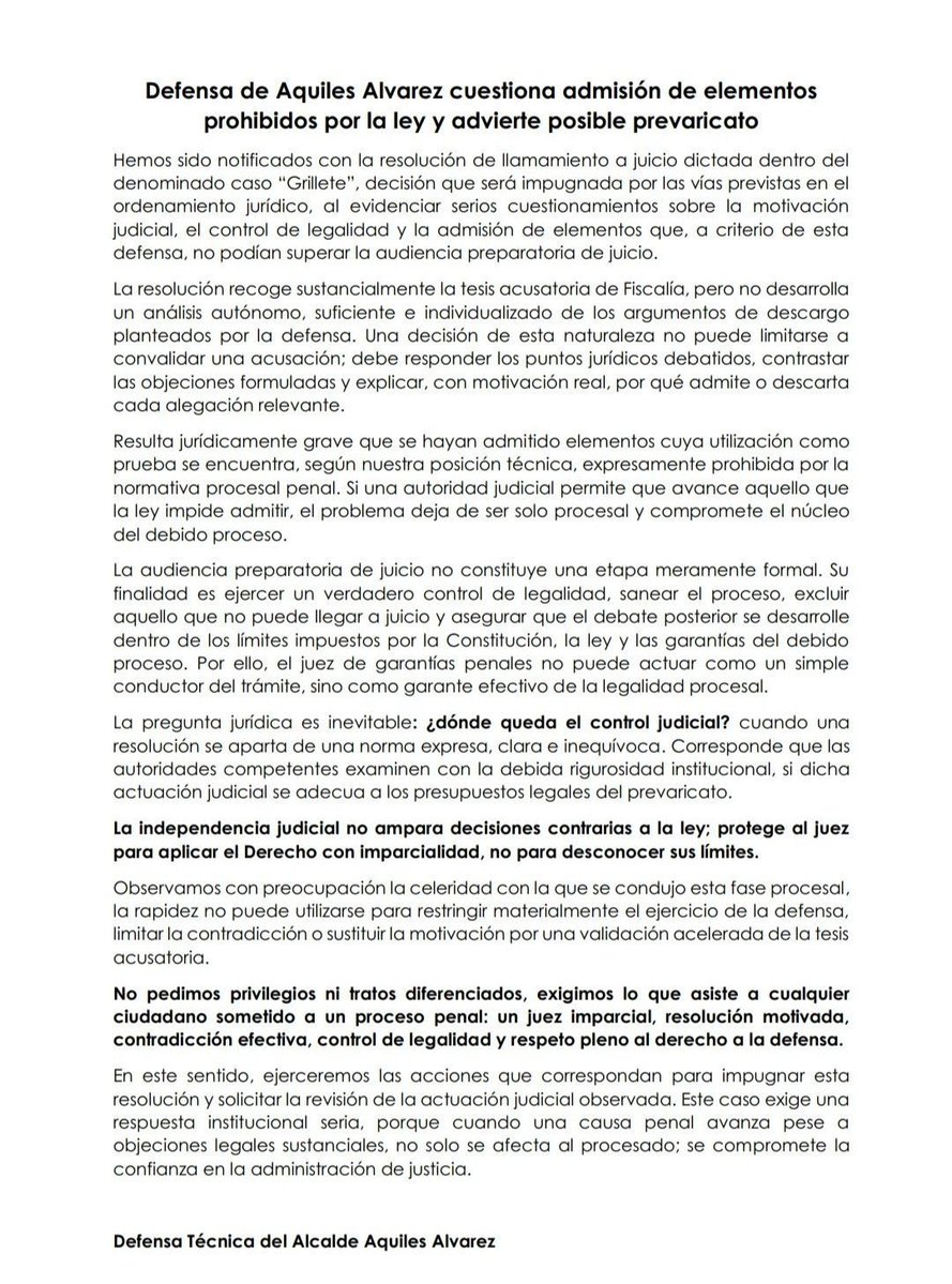 EcEnDirecto's tweet photo. #URGENTE
La defensa del alcalde de Guayaquil, #AquilesAlvarez, criticó la admisión de elementos que considera prohibidos por la ley en el "#CasoGrillete". También, alertó sobre un posible prevaricato e informó que impugnará la resolución de llamamiento a #juicio. Finalmente, aseguró que la decisión afecta el debido proceso y el derecho a la #defensa.