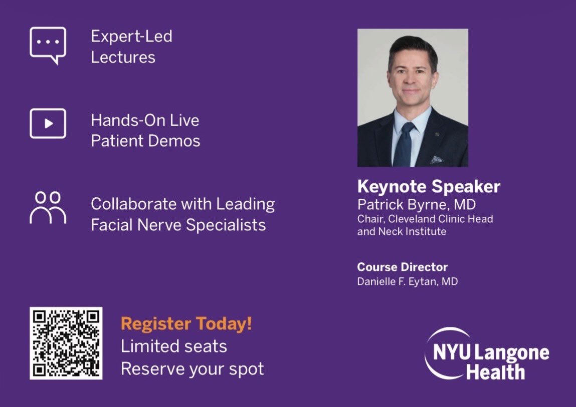 thebraintumormd's tweet photo. Honored to speak at the @nyulangone Facial Nerve CME course alongside such renowned experts. Join us 8/31-7/1. spots are limited so register today!  

https://t.co/SpSHUtuYGs

#facialnerve #hemifacialspasm 
#acousticneuroma #neurosurgery #ent https://t.co/rx6Gtkaf85