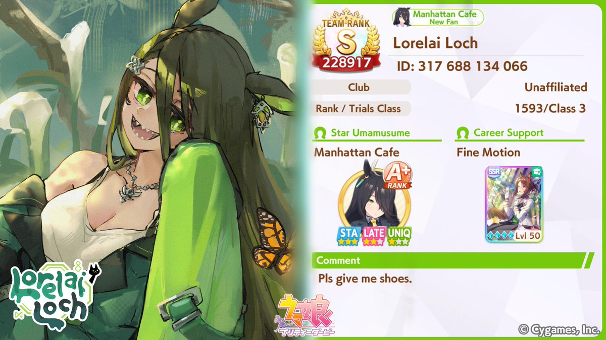 LorelaiLoch's tweet photo. Hello Trainers! I'm looking for a new A rank club to join! 💚🐴

This Manhattan Cafe enjoyer would like some more uma friends! https://t.co/1YzjIZIyCc