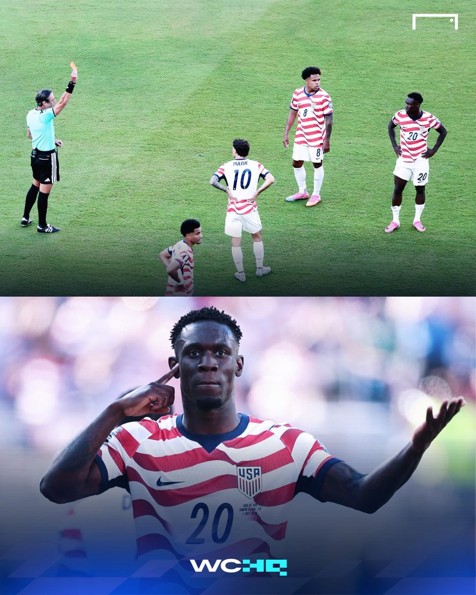 goal's tweet photo. From hero to villain! 🇺🇸🟥

Folarin Balogun puts the USA ahead but is sent off after a VAR review catches a nasty stamp midway through the second half 😬 https://t.co/Xb8vTDz5no