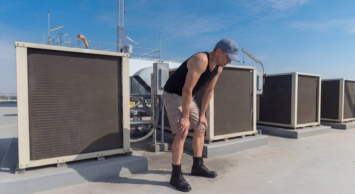 rubyrockfilms's tweet photo. Our A/C compressor crashed the other day and our indoor house temperature reached 90 degrees today. It has "cooled down" to 89 as I write this at 8:30pm, so here is Avatar Jim cooling off in front of some A/C units on a rooftop. In truth, the real Jim and Wendy are camped out in front of several fans with wet towels on our necks. But - good news - the A/C guy will be here tomorrow morning to install a new unit. Until then, drinking plenty of fluids.