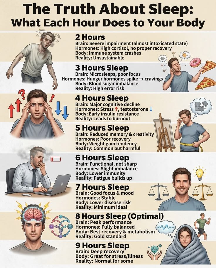 SarahAIHub's tweet photo. The Truth About Sleep: what Each Hour Does to Your Body. https://t.co/ULjsAWEOUX