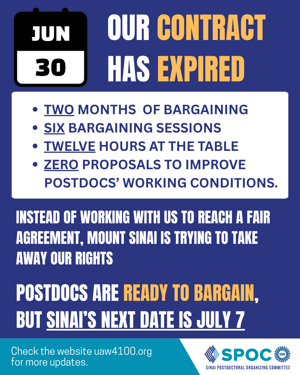 spocuaw's tweet photo. Instead of working with us to reach a fair agreement, Mount Sinai is trying to take away our rights. But we are ready to keep fighting for the contract we deserve. https://t.co/waKq5Qkadk