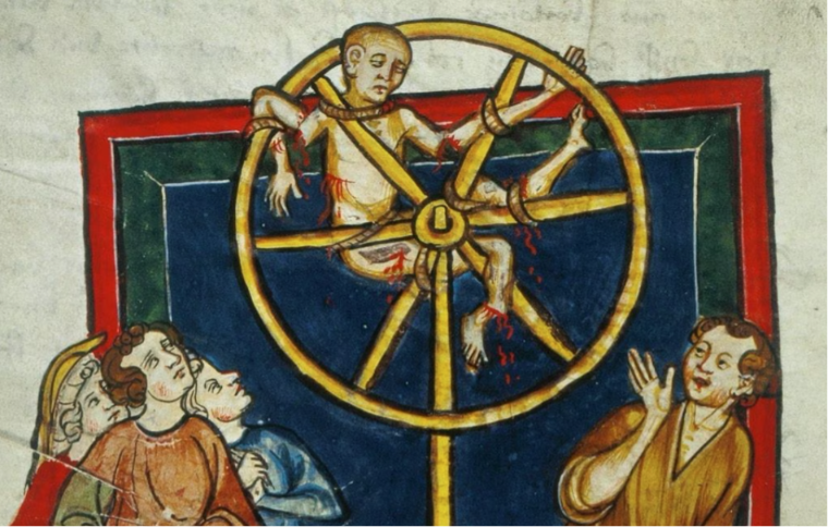 obo_oso's tweet photo. Breaking Wheel

The victim is tied to a large wheel, then his bones are broken with an iron stick (often from the extremities inward). After that, the corpse is left on the wheel for public display. https://t.co/UlFeq4pYje