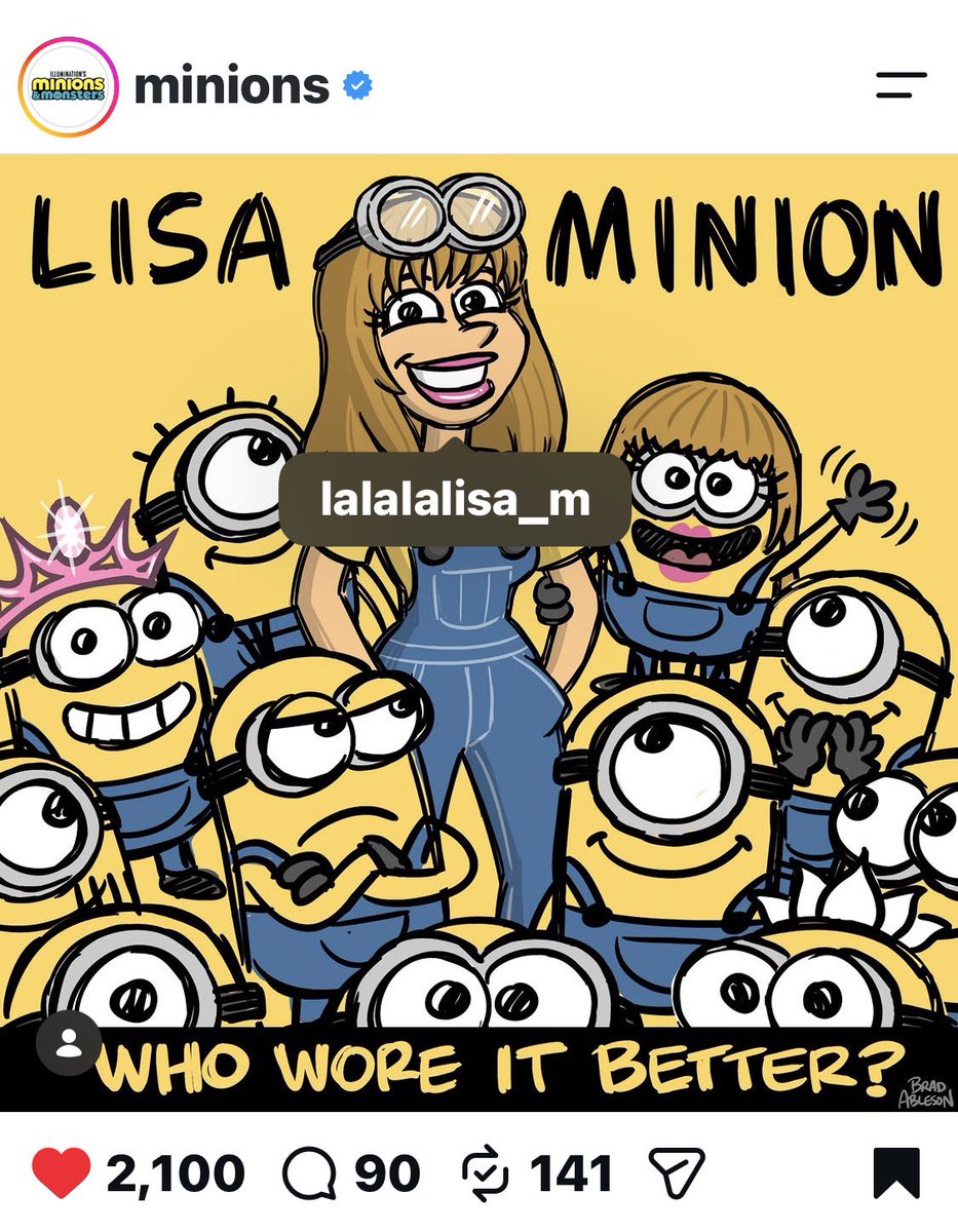 sulisweetie's tweet photo. กรี้ดดดดดด ติ่งมินเนียนแบบเราที่คอมพลีทที่สุด official IG Minion วาดรูปลิซ่าร่วมเฟรมกันไปเลย

Who wore it better?
ถึงจะรักมินเนียนแค่ไหนแต่ลิซ่า wear it better จ๊ะ

#LISAxMinion 

😭😭😭😭😭😭😭😭 https://t.co/34AfhYaeJm