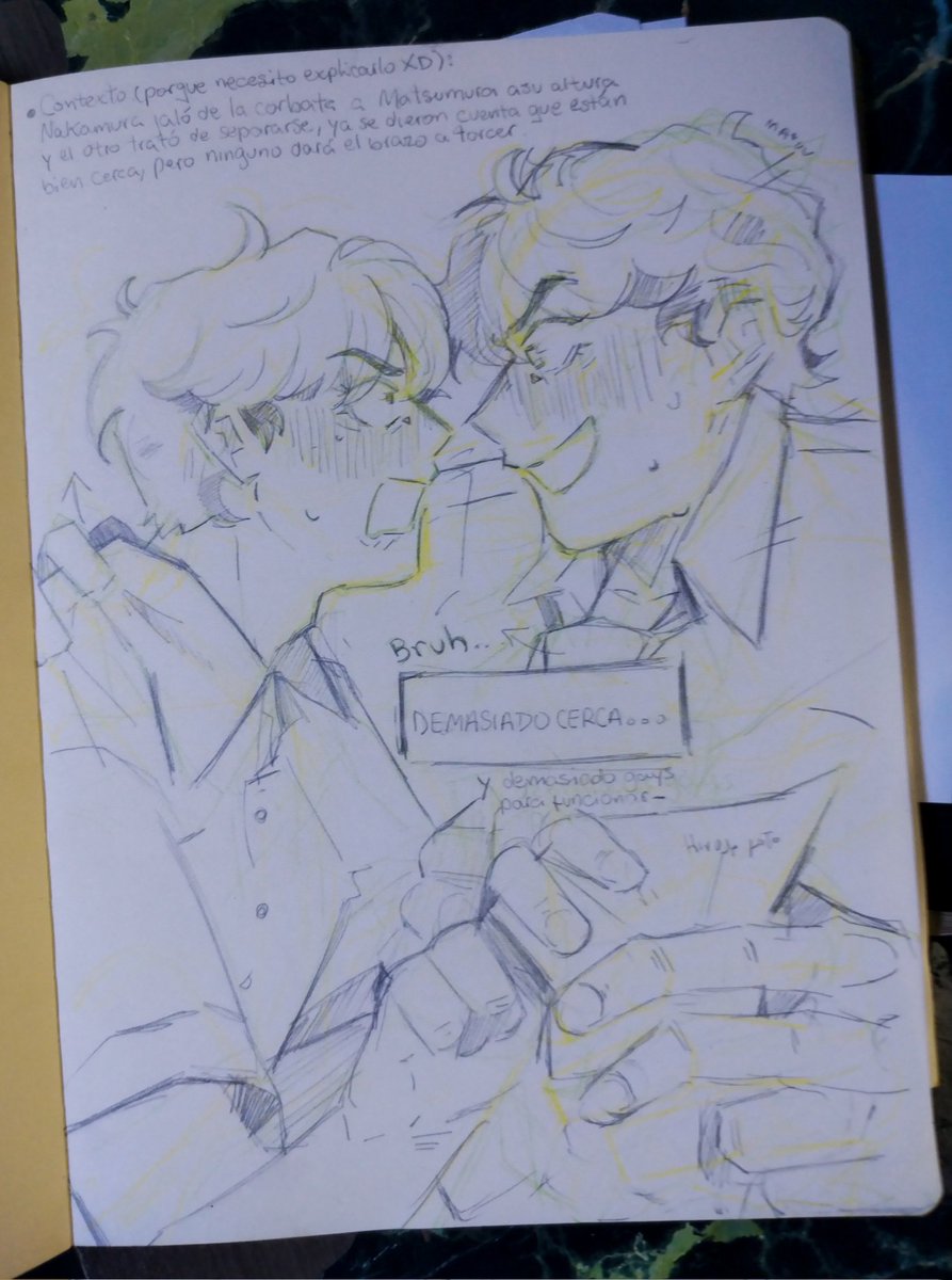 Mauv_12's tweet photo. Sketch matsunaka para mi hermana porque se muere que no haya contenido del ship en otras redes y me pidió dibujarlos. Y bueno está en su libreta así que se encargue ella de acabarlo xd.
#matsunaka #nakamura #matsumura
(las manos están feitas perdón) https://t.co/OKB7B1qHH3
