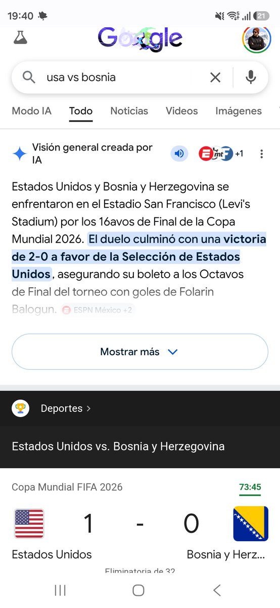 RubLinares's tweet photo. Al minuto 73 del partido, la IA de Google ya da por ganador a EEUU con un 2 - 0 frente a Bosnia y Herzegovina 

🤔🤔 https://t.co/CdecPyxh7L