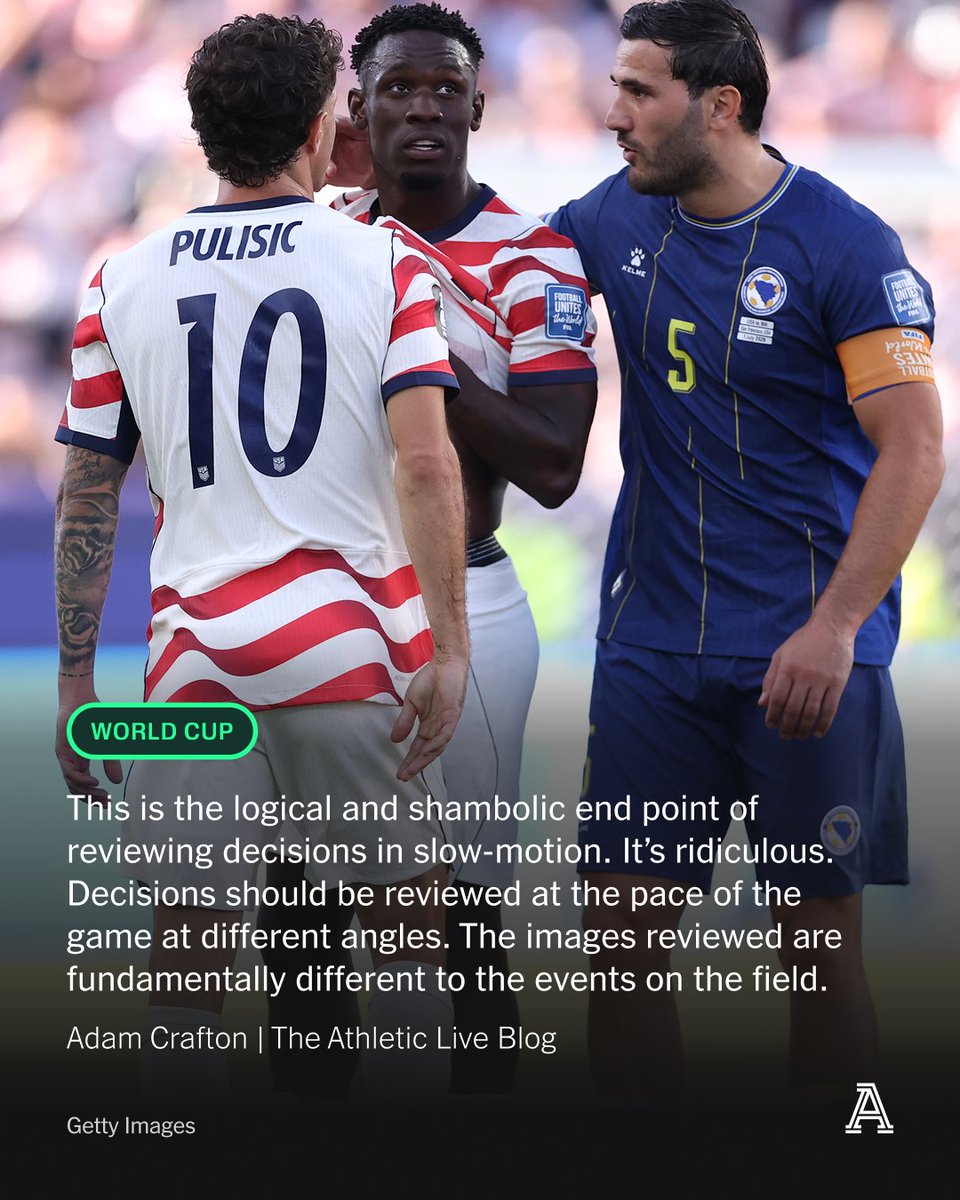 TheAthleticFC's tweet photo. "I feel for Balogun. It was a clumsy coming together but I’m not even sure he was trying to put a foot in, or not in the way it landed. The coming together was nasty for the Bosnia player but I don’t think that’s a red card." - @PhilHay_ 

USA vs Bosnia live blog: https://t.co/XhUsBccJ6t