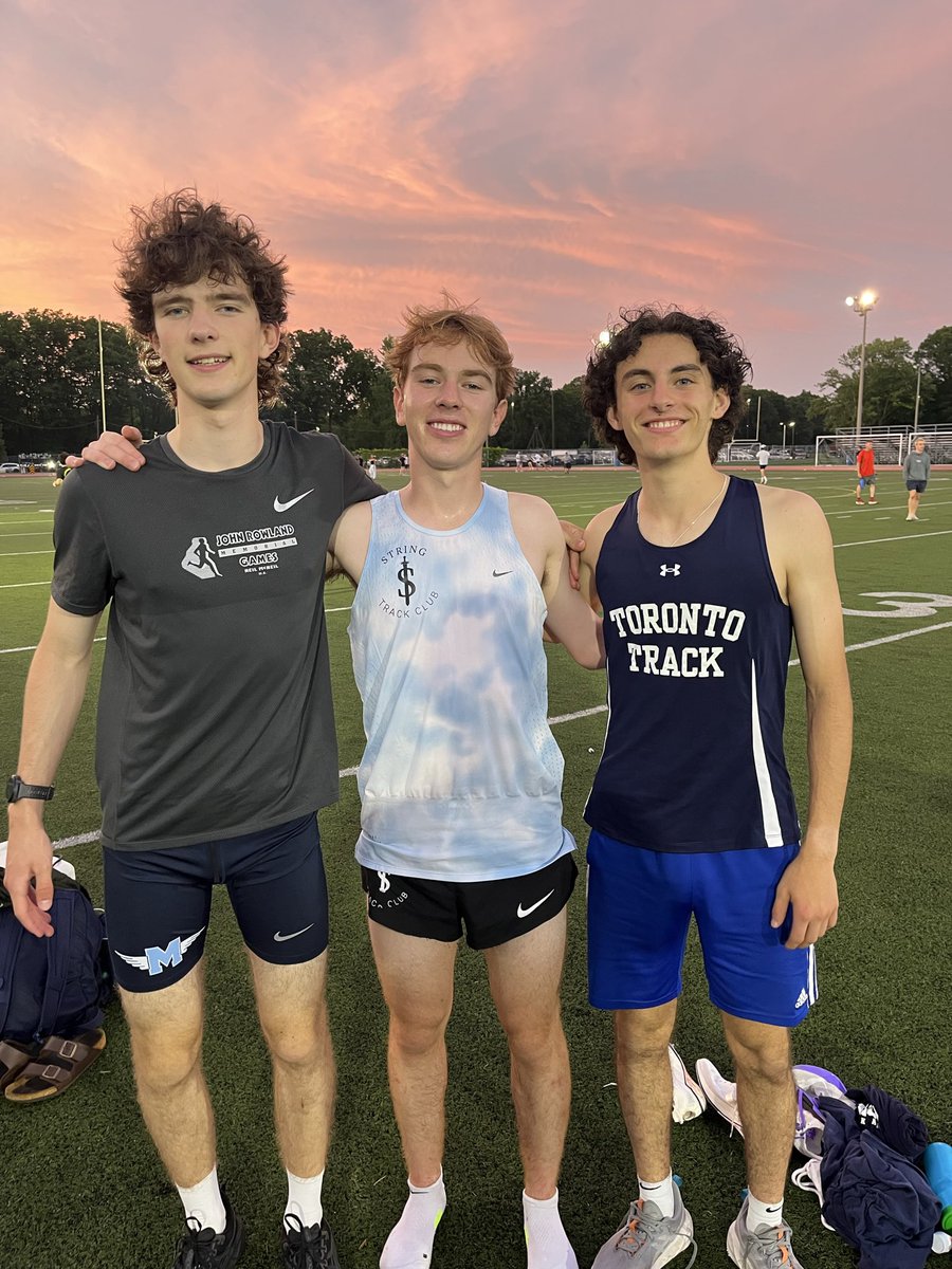 PatDaly26's tweet photo. St. Mike’s athletes present and past training hard through the summer. Ben Maiese, Matthew Kmecz ‘25, Luke Adorante ‘26 at the Canada Day Twilight meet at McMaster University. https://t.co/7IXUhEpsSY