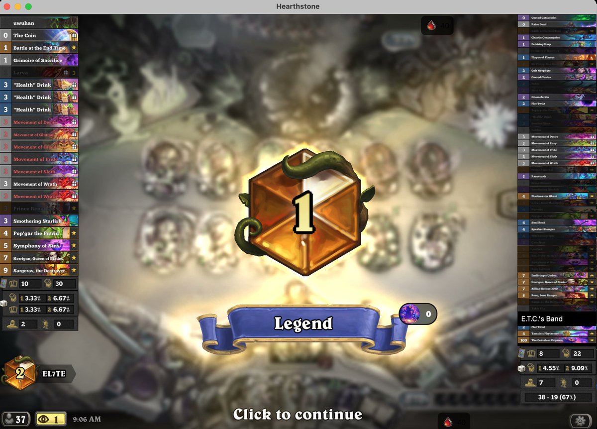 EL7TE_'s tweet photo. I played a funny renolock list in May 2026 and held rank 1 for over a week with it. 64-34 (65% winrate). Screenshots show the same deck at various time points. All games queued at rank 1-2 legend or legend climb. Deckcode in ALT. DO NOT CRAFT THIS DECK.

#Hearthstone https://t.co/EMDKSrRUNg