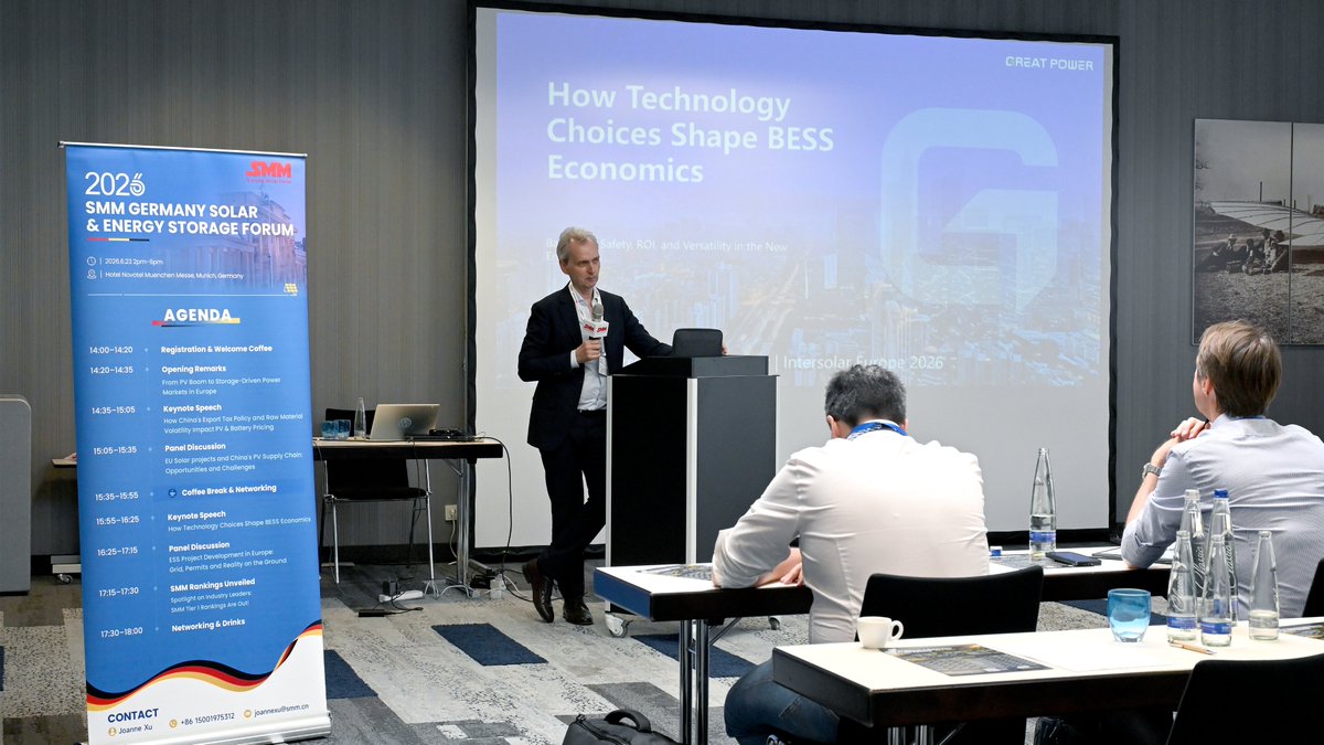 Greatpower2001's tweet photo. ⚡ Great Power’s Michael Strobel joined the 2026 SMM Germany Solar &amp; Energy Storage Forum in Munich, sharing insights on how technology choices shape BESS economics and long-term project value.

#GreatPower #BESS #EnergyStorage #SMMGermanyForum https://t.co/e9g76UXIku
