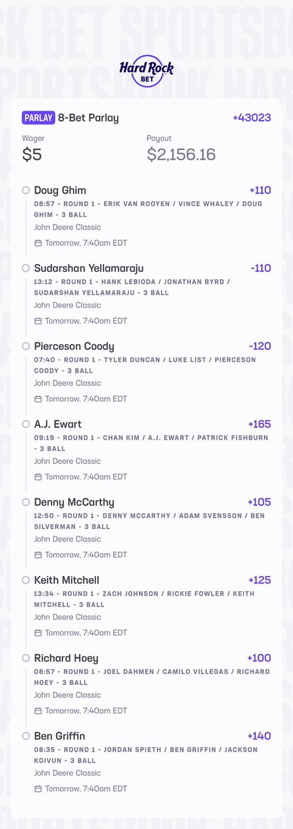 BigBenjaGolfer's tweet photo. 🚨 The Golf Avengers have assembled and we are ready to break 𝕏 and the books! +43023 odds 🔥⛳️🎰

Round 1 
John Deere Classic 3-Ball Mega Collab Parlay with:
@Lanskycuz @domstheb0mb @ROZgolfer23 @RiskyPlaes @joshuadasilva @Arizonagolfers @dfs_scrubbb

Sorted by tee time:
🇺🇸 Pierceson Coody -120 (7:40am)
🇺🇸 Ben Griffin +140 (8:35am)
🇺🇸 Doug Ghim +110 (8:57am)
🇵🇭 Richard Hoey +100 (8:57am)
🇨🇦 A.J. Ewart +165 (9:19am)
🇺🇸 Denny McCarthy +105 (12:50pm)
🇨🇦 Sudarshan Yellamaraju -110 (1:12pm)
🇺🇸 Keith Mitchell +125 (1:34pm)

🔗🧵⬇️