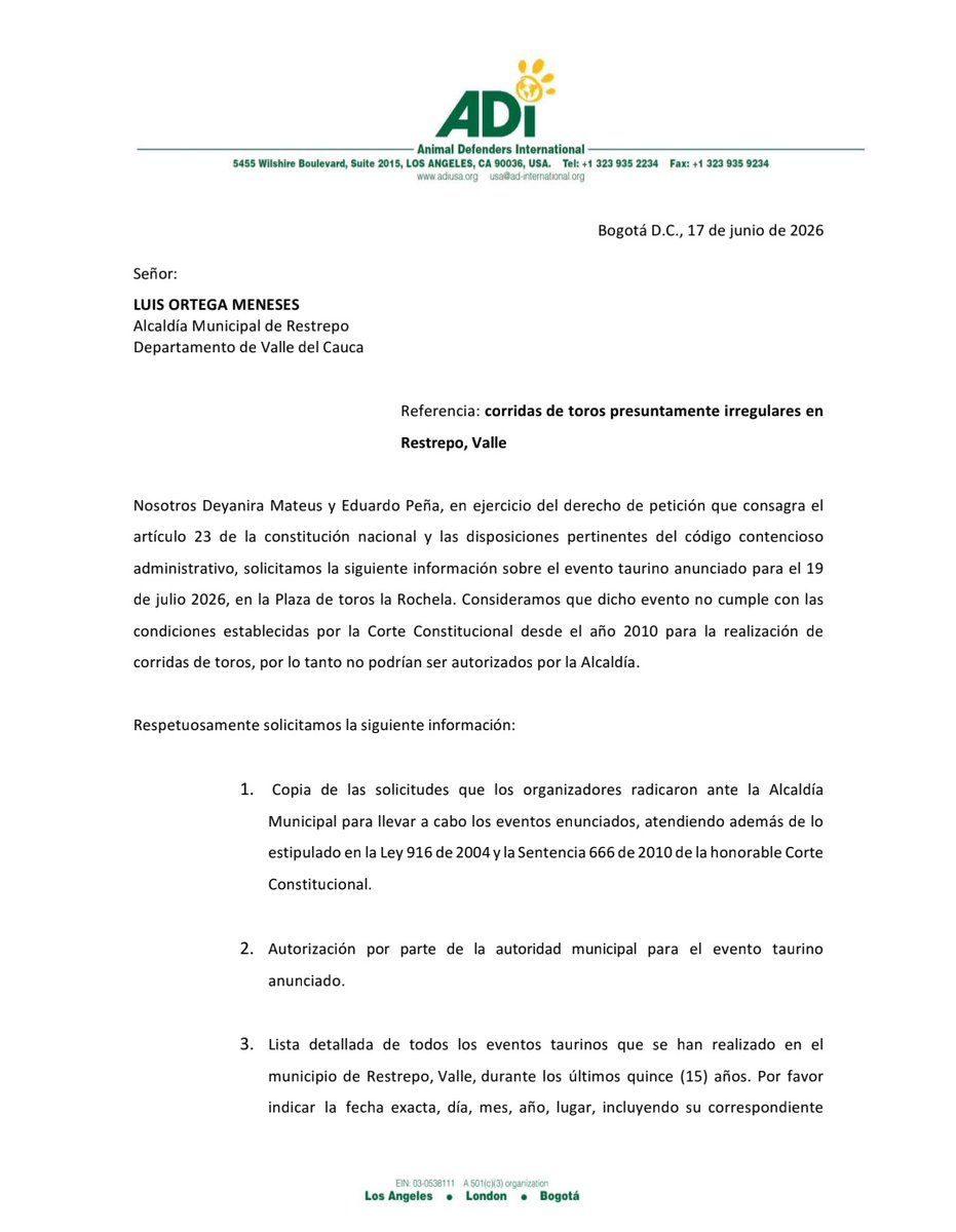 EspSinAnimales's tweet photo. #Atención
Luego de la denuncia presentada por organizaciones integrantes de nuestra coalición, y con el respaldo del senador @DuvalierSanchez, la @Alcaldiarestrep anunció que el evento taurino del 19 de julio de 2026 no cuenta con la autorización de la administración municipal. https://t.co/Ps9gSp7FDu