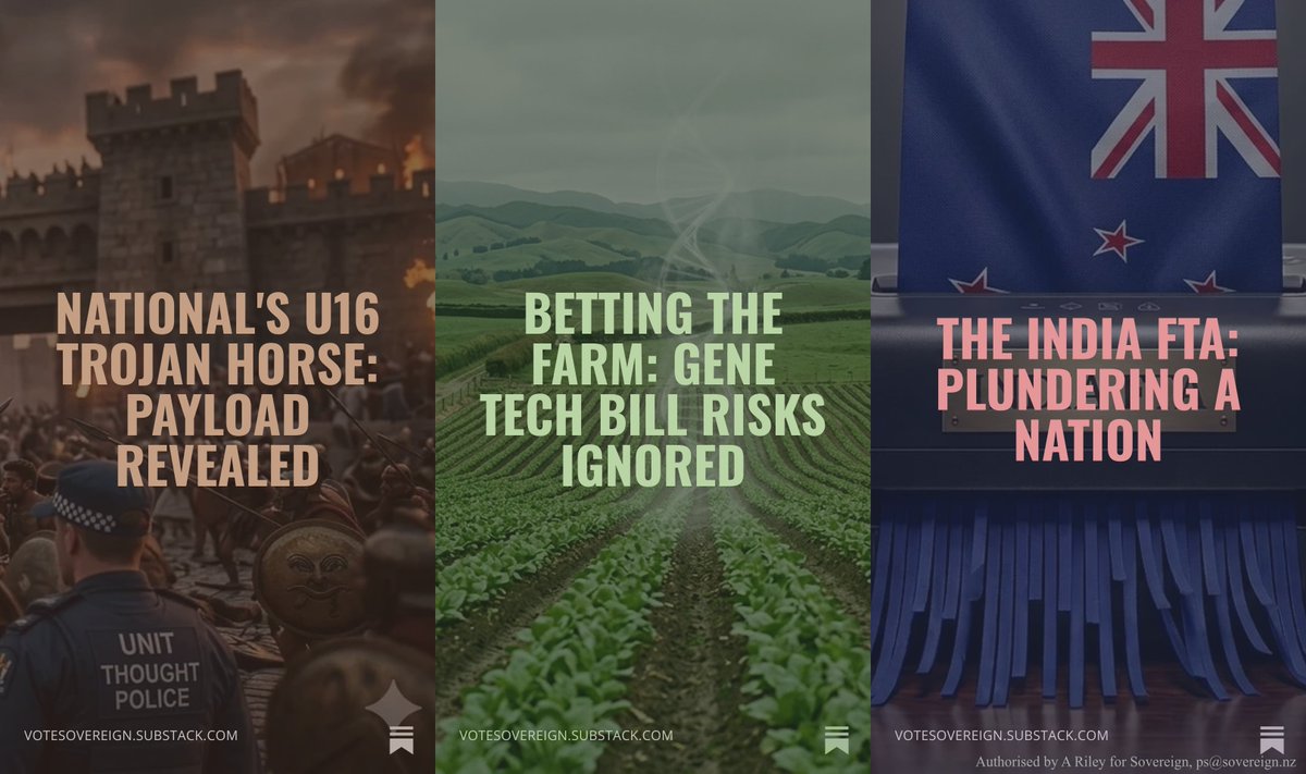 VoteSovereign's tweet photo. Our food. Our border. Our speech. Three bills are undermining all three.

The Gene Tech Bill
Sold as "modernisation." It ends 30 years of GE-free farming - the very thing our food exports are paid a premium for. 97% of submitters said no. National pushed on anyway. And a release can never be recalled.

The India FTA
Sold as "growth." Growth for India: uncappable visa pathways already exploited overseas. A US$20B FDI obligation India alone gets to judge. Our kiwifruit and mānuka know-how and genetics handed to a massive competitor. UNDRIP affirmed. CBDC committed to - after nearly 18,000 Kiwis said no. All for 0.07% of GDP by 2037. The Government borrows more than that every twelve days. National signed it. Labour and ACT are voting it through.

The U16 bill
Sold as "protecting kids." Three pages went into select committee. An internet regulator came out - age verification, algorithm control, possible VPN restrictions. Not one submitter was consulted on any of it. The wishlist came from a lobby group with a line to the PM, seven weeks before the inquiry began. $30.7m of enforcement is being built before Parliament has seen the bill. We're copying the UK o this. They arrests 12,000 a year for posts.

The Trend
Where the public was asked, it said no - and was overridden. Where it was never asked, the building started anyway. Either way, the change is locked in beyond the reach of your vote.

These bills will disrupt the integrity of our food supply, our social cohesion, our borders, our national sovereignty and our freedom of expression.