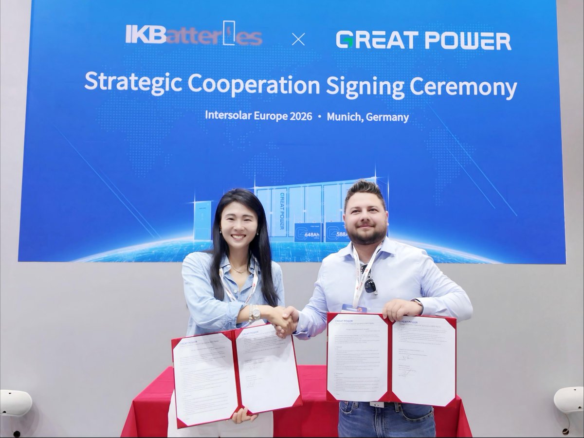 Greatpower2001's tweet photo. 🔋 Great Power launched Magna-C&amp;I-520 at Intersolar Europe 2026 and strengthened cooperation with IKBatteries to support C&amp;I energy storage development in Hungary and surrounding markets.

#GreatPower #IKBatteries #IntersolarEurope2026 #EnergyStorage #BESS https://t.co/tDBEQHcR3T