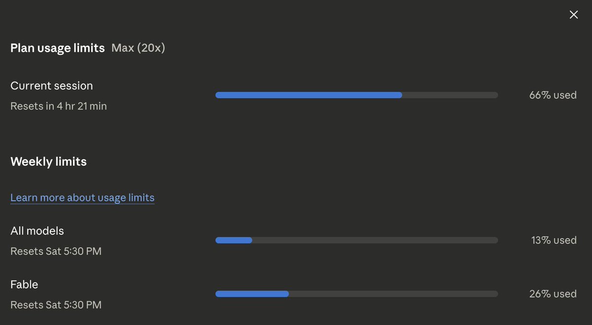 Nishvnt's tweet photo. Quarter of Fable 5 weekly limit exhausted in 30 mins?? @AnthropicAI increase the limit, specially if you are going to remove it from my plan on 7th July. At least remove weekly limits, I can wait for 5hrs, but can't wait till Saturday. https://t.co/KYQneEIARs