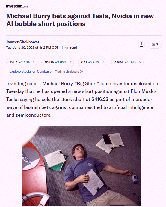 mainichifree's tweet photo. Breaking 🚨: Michael Burry has placed a short position on TSLA at $416.22 https://t.co/ON6SXWpSqK