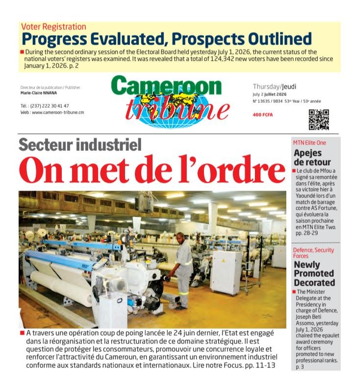 CamerounTribune's tweet photo. Bonsoir fidèles abonnés ! Recevez la #Une de #CameroonTribune du 2 juillet 2026. #Journal à retrouver en #kiosque et sur https://t.co/LtLa0TuX5c 
#News #Actualités #Informations #Cameroun #Cameroon #Politique #Économie #Societe #Sport #Culture https://t.co/ZjlJqtyKY6