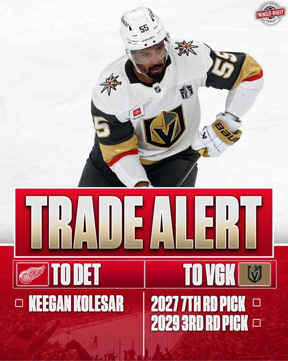 WingedWheelPod's tweet photo. 🚨 TRADE ALERT 🔁

The Detroit Red Wings have acquired forward Keegan Kolesar from the Vegas Golden Knights in exchange for a 2029 3rd round pick &amp; a 2027 7th round pick. #LGRW

Thoughts on Yzerman adding Kolesar's grit down the lineup? ⤵️ https://t.co/f5jw9o2jIM