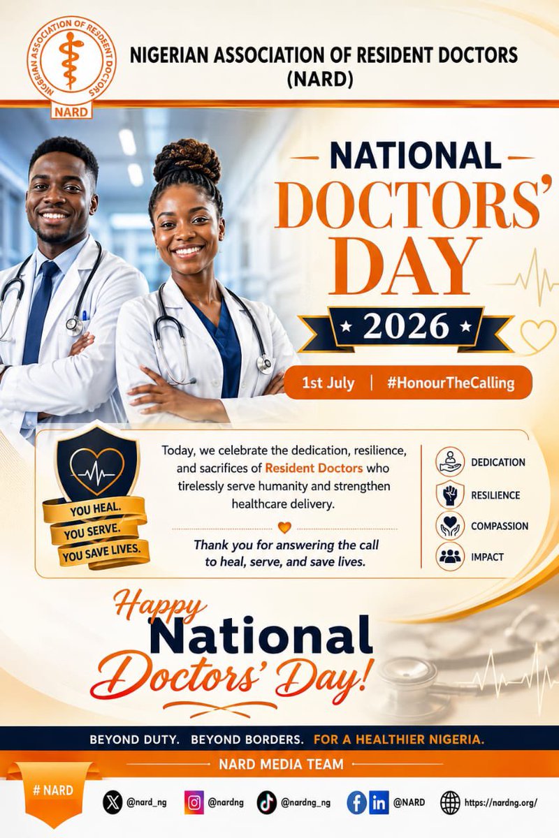 mohagirei's tweet photo. HAPPY NATIONAL DOCTORS' DAY 2026

THEME: HonourTheCalling

On behalf of the entire P-MUS-led NARD NOC, we proudly celebrate the dedication, resilience, and unwavering commitment of Resident Doctors across Nigeria who remain at the forefront of healthcare delivery.

This year's theme, #HonourTheCalling, is a fitting tribute to the courage and sense of duty that define the medical profession. For Resident Doctors in Nigeria, it reflects the daily choice to serve despite demanding work schedules, resource constraints, personal sacrifices, and the immense responsibility of caring for patients under challenging circumstances.

Across rural communities, secondary facilities, and tertiary institutions, Resident Doctors continue to answer the call with professionalism, compassion, and excellence. They heal the sick, comfort the vulnerable, advance medical knowledge, and form the backbone of specialist healthcare training and service delivery in our nation.

Today, we celebrate not only the work you do but also the values you embody—service, sacrifice, integrity, and hope. Your commitment sustains lives, strengthens our health system, and inspires future generations of medical professionals.

As we commemorate National Doctors' Day 2026, we honour your calling, applaud your sacrifices, and express our profound gratitude for your invaluable contributions to humanity.

Happy National Doctors' Day to all Resident Doctors.

Thank you for honouring the calling and for your steadfast service to the nation.

Dr. Abdulmajid Yahya Ibrahim
NARD PSS
01:07:26