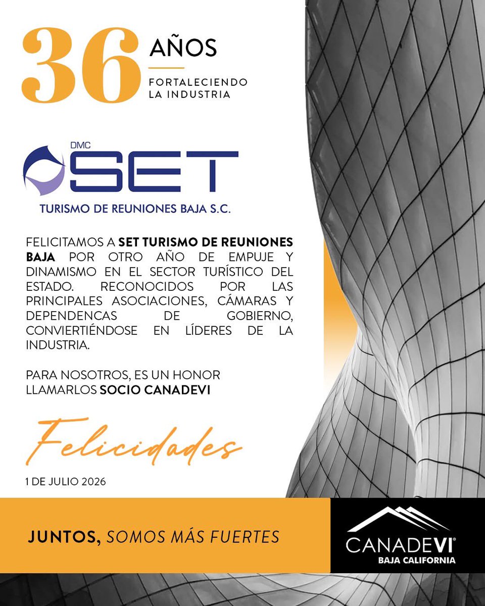 CanadeviBCN's tweet photo. 🎉 ¡Muchas felicidades a nuestros socios de Turismo de Reuniones Baja SC por celebrar su 36.º aniversario! 🥳 https://t.co/1EoY6k2xiE