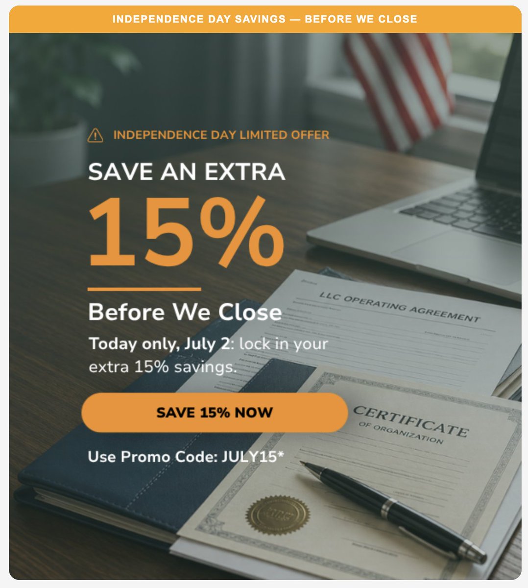 CorpNet's tweet photo. Our offices will be closed tomorrow, Friday July 3 in observance of the #FourthofJuly

TODAY before we close, save an *extra 15% off services using close JULY15

https://t.co/al4EKq0Noo

Happy Independence day, everyone!

*some exclusions apply https://t.co/nmSnwK0IiR