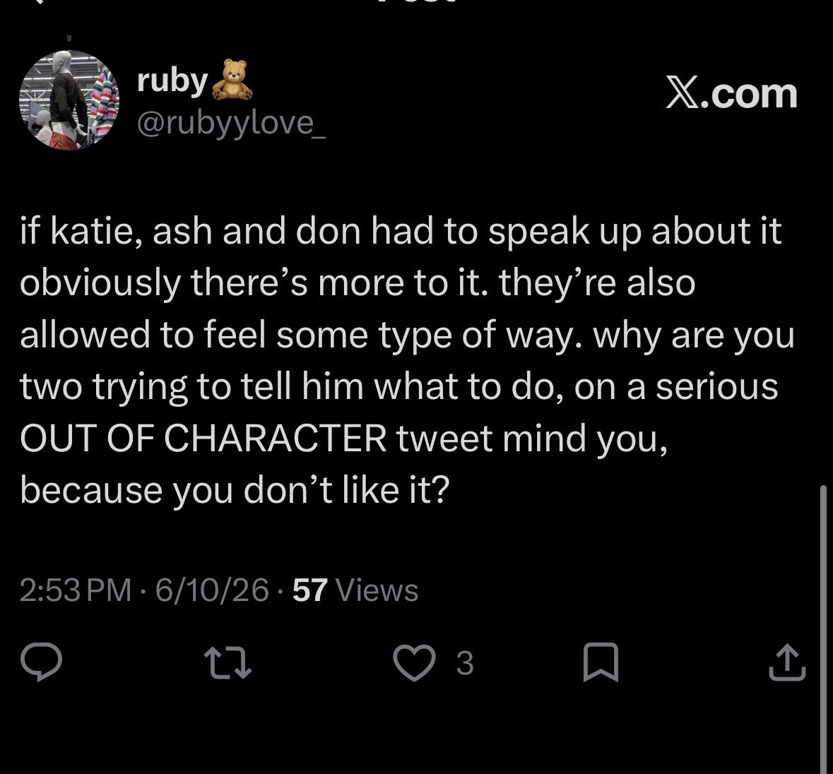 rubyylove_'s tweet photo. @lottienatslover and honestly you can go somewhere with that. i don’t play when it comes to that misogynistic shit. i’m just not about to sit here and make artists feel uncomfortable/scared when katie said doesn’t care and to stop doing that. https://t.co/g0dNZE6SWi