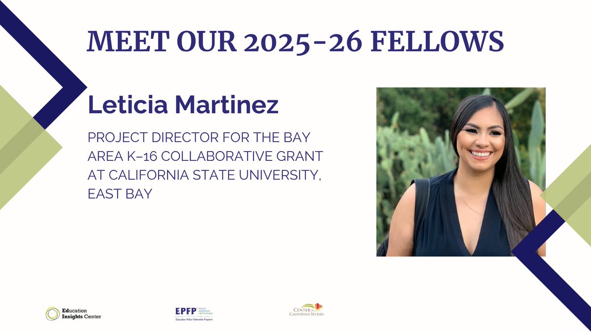 CA_EPLF's tweet photo. Meet the Fellows: Leticia Martinez!

As Project Director for the Bay Area K���16 Collaborative at CSU East Bay, Leticia helps strengthen pathways to bachelor's degree completion while connecting students to career opportunities and professional networks. https://t.co/tK1PSxHKM0