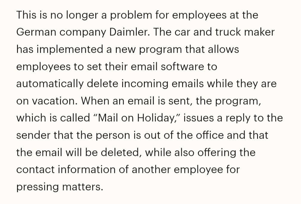 cunha_tristan's tweet photo. @juliaioffe Daimler in Germany has an out of office option that just tell people they email is going to be deleted, please send it again when I get back from vacation. https://t.co/6dXhQbPUnE