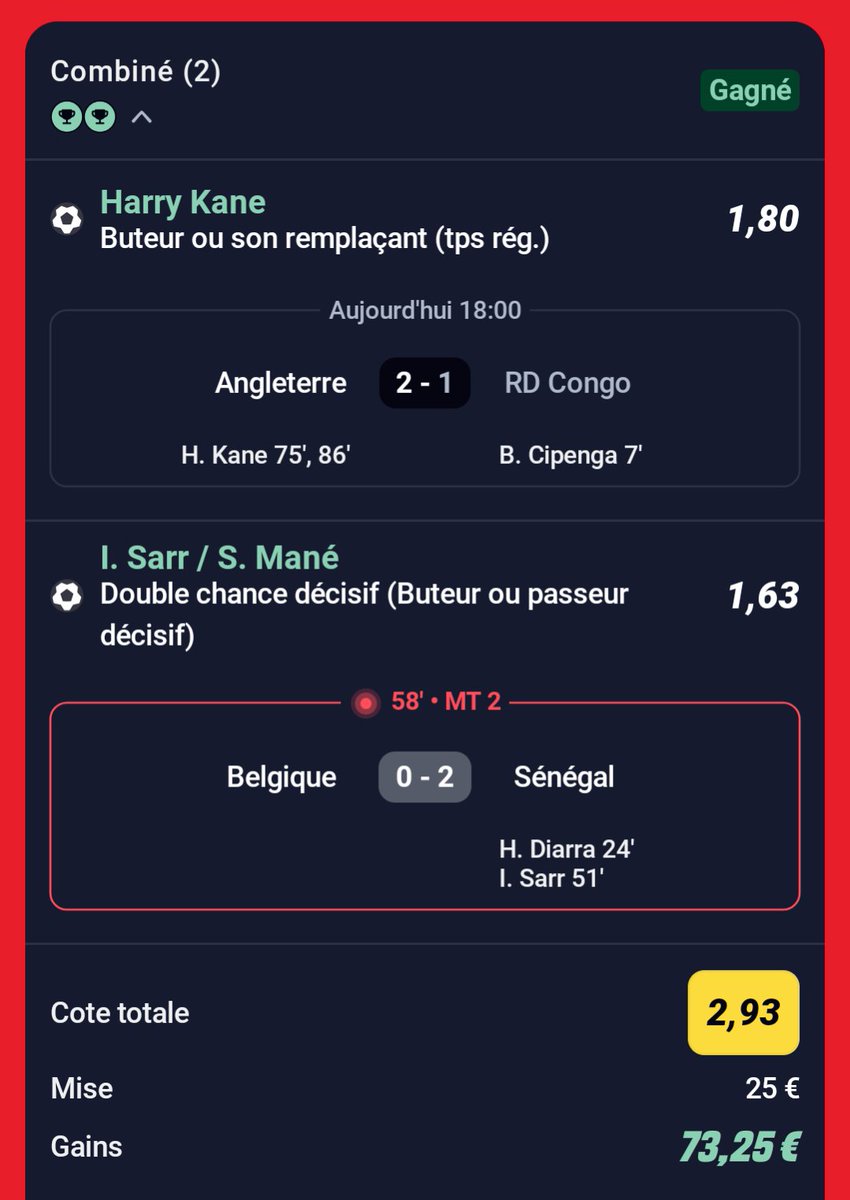 BetClem_'s tweet photo. Combiné fun joueurs fun @2.93 (1%) ✅
Pénalty World validé ✅

Bon j'ai rien dit , une journée de dingue encore ! Allez le Sénégal on veut la qualification (qui est déjà bien embarquée)  je regrette de ne pas avoir joué la victoire 90' @3.60 ! 

♥️ Si tu soutiens 
#TeamParieur https://t.co/zwub78BB7g
