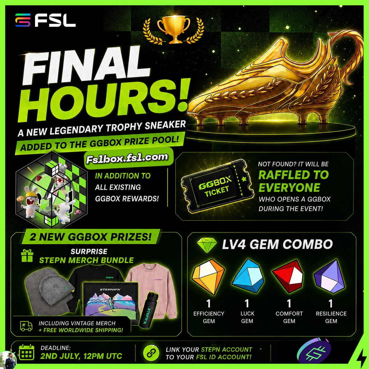 Pouya_n0's tweet photo. 🚨 FINAL HOURS! ⏳

🏆 The Legendary Trophy Sneaker is waiting inside the #GGBox!
🎁 NEW: STEPN Merch Bundle
💎 NEW: Lv4 Gem Combo

Open a #GGBox before 2 Jul, 12PM UTC for a chance to win, plus new Merch Bundle &amp; Lv4 Gem Combo rewards. 👟💎

Good luck 🍀
https://t.co/aaFpvv5P2l https://t.co/wDAgev1AVZ