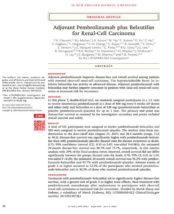 DrChoueiri's tweet photo. 🚨 Results from #LITESPARK022 (#LS022) are out in @NEJM!

1/This phase III trial evaluated whether adding the HIF-2α inhibitor Belzutifan (BEL) to adjuvant pembrolizumab (PEMBRO) could improve outcomes for patients with resected clear-cell RCC at increased risk for recurrence.

https://t.co/1BLAercj3p
@oncoalert @asco @myESMO