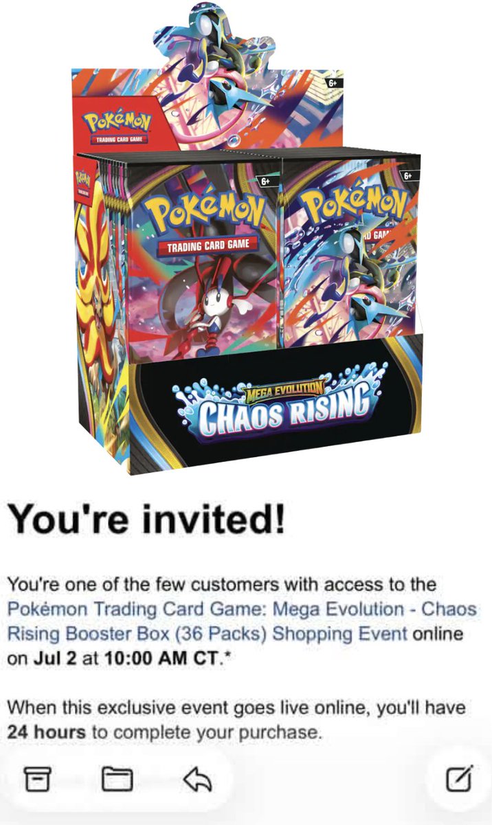 PokemonRestocks's tweet photo. Chaos Rising Booster Box Invites Sending Out at Best Buy - Drops July 2 at 10AM CT! 💫

➡️ https://t.co/aogedeFYB2

Check your email and the Best Buy app to see if you received an invite. If selected, you'll have 24 hours to purchase once the drop is live! 📩 

Let us know if you had any luck!
#Pokemon #PokemonTCG #ad