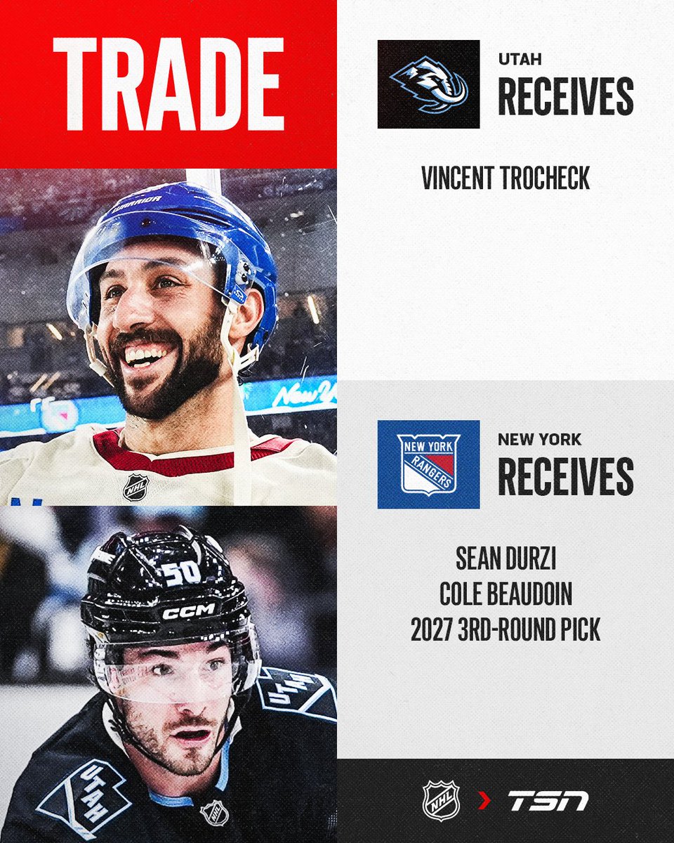 TSN_Sports's tweet photo. The Utah Mammoth are acquiring Vincent Trocheck from the New York Rangers, per ESPN's Emily Kaplan 👀 https://t.co/dKHHw4trUn