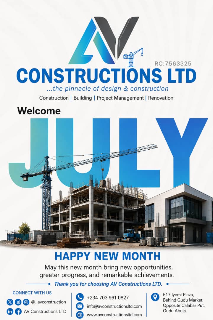 _avconstruction's tweet photo. Happy New Month! 🎉
This month, let's build something great together. For all your construction and renovation needs, we've got you covered.
🌐 https://t.co/Mg3hzWtXTE
 📩 Info@avconstructionsltd.com 
📞 07039610827 
📍 Gudu, Abuja
#HappyNewMonth https://t.co/8SQ51ba6dL