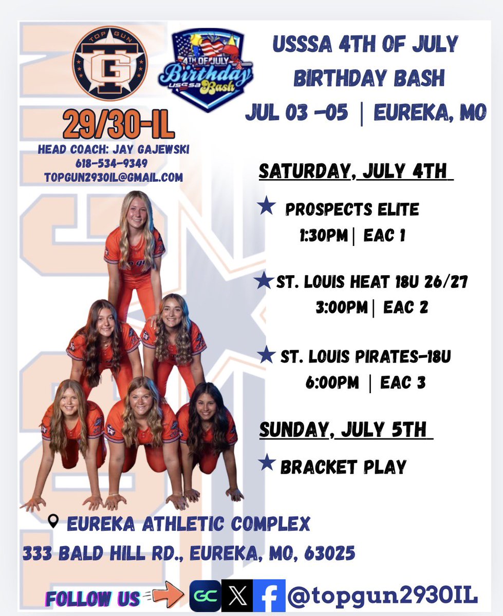topgun2930IL's tweet photo. 🇺🇸 WE ARE BACK! 🥎🔥✈️

The holiday weekend is almost here, and Top Gun 29/30-IL is ready to get back on the field at the USSSA 4th of July Birthday Bash in Eureka, Missouri! 
@topgunfastpitch 
@USSSAFastpitch 
@SoftballDown 
@CoastRecruits https://t.co/obgE2MeLcd