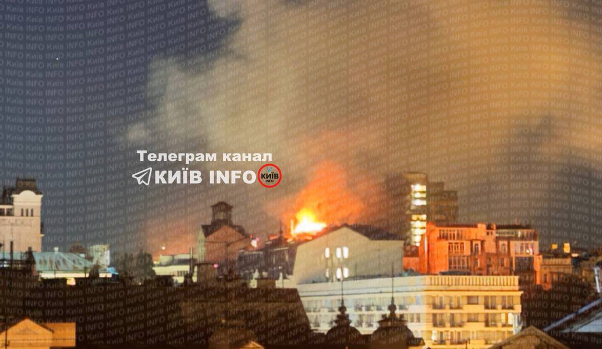 KyivPost's tweet photo. A hotel in central Kyiv caught fire after a Russian drone attack, according to city officials.

Emergency crews are on the scene as Russia’s drone assault on the capital continues. Authorities are urging residents to remain in shelters. https://t.co/cKwyueCOKt